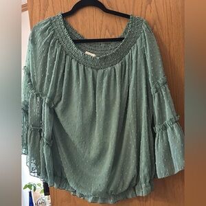 Smocked Off-Shoulder Sage Swiss Dot Blouse